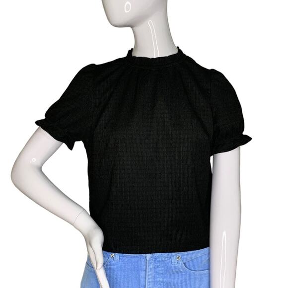Monteau Blouse Size Large Black Stretchy Crinkle Fabric High Neck Short Sleeve - Picture 1 of 8